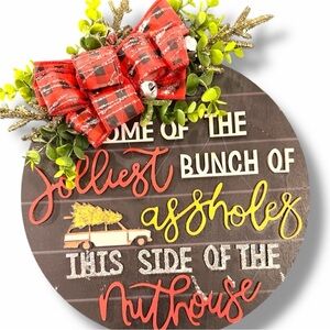 NEW AJ SouthernCharm Holiday Door Sign – “Jolliest Bunch” Funny Christmas Decor